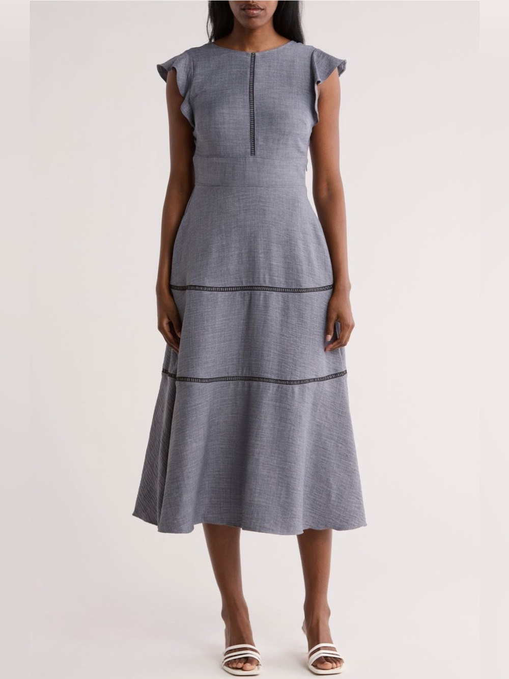 NWT Calvin Klein Crosshatch Cap Sleeve Tiered Midi Dress - Blue - Size 10